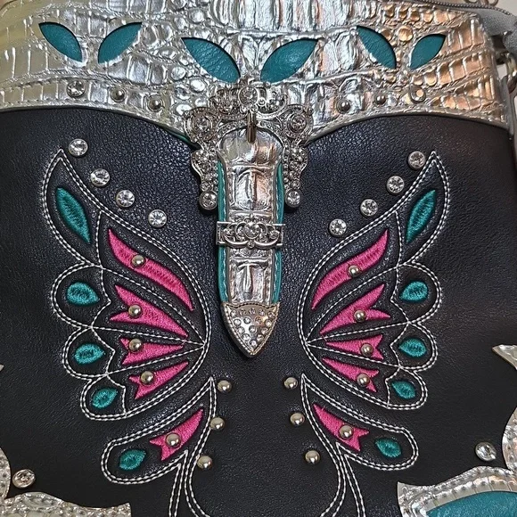Cowgirl Trendy Cross Body Teal Hot Pink Silver Black Butterfly Embellished Bag - Picture 4 of 16